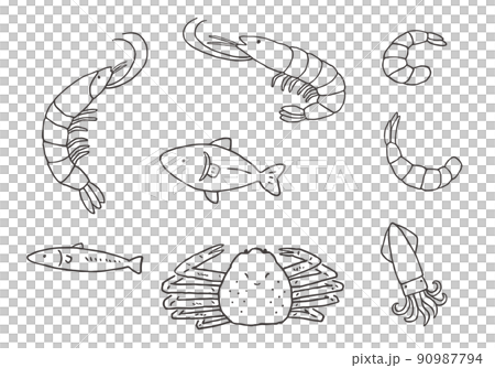 エビ・カニ・魚・イカの手描きイラストセット（モノクロ） 90987794