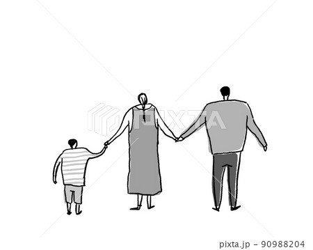 手を繋いだ親子B、父親、母親、子供、横 90988204