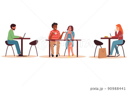 Set of people sitting at a table in a cafe or restaurant. Set of people sitting at a table in a cafe or restaurant. 90988441
