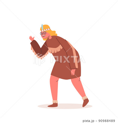Funny Smiling Little Girl Wear American Indian National Costume. Child Playing, Female Kid Character in Indigenous Dress 90988489