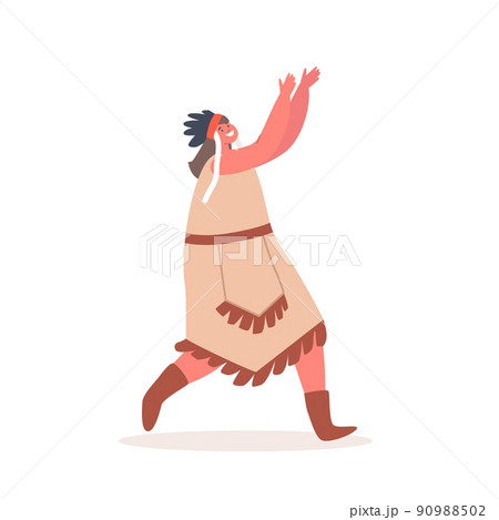 Kawaii Girl Playing in American Indian, Child in National Costume and Feathered Headwear. Character in Indigenous Dress 90988502