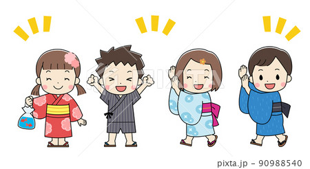 夏祭り・浴衣を着た子供たちのイラスト 線あり 夏祭り・浴衣を着た子供たちのイラスト 線あり 90988540