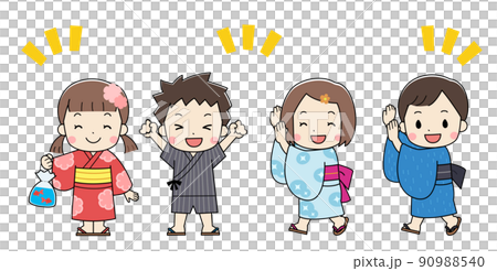 Illustrations of children wearing yukata for summer festivals with lines 90988540