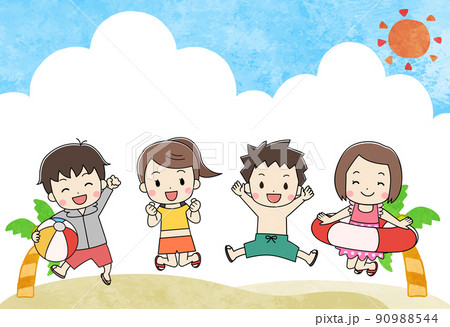 海水浴で水着を着た子供たちのイラスト 線あり 海水浴で水着を着た子供たちのイラスト 線あり 90988544