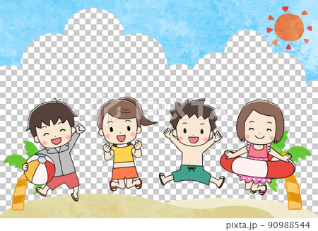 海水浴で水着を着た子供たちのイラスト 線あり 海水浴で水着を着た子供たちのイラスト 線あり 90988544