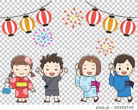 夏祭り・花火大会　浴衣を着た子供たちのイラスト　線あり　 90988548