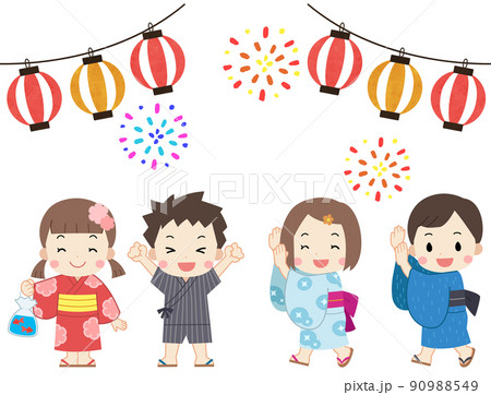 夏祭り・花火大会 浴衣を着た子供たちのイラスト 線なし 夏祭り・花火大会 浴衣を着た子供たちのイラスト 線なし 90988549