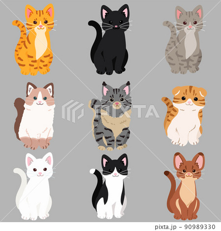 正面を向いてお座りするシンプルで可愛い猫のイラストセット A 主線なしのイラスト素材