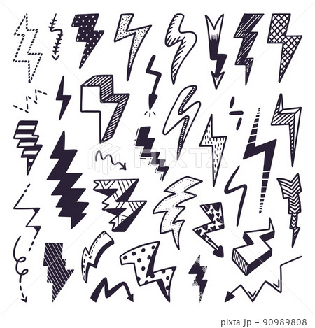 Sketch lightning. Thunder doodle, bolts electricity scribble elements. Isolated light or speed doodles graphic design. Danger symbol neoteric vector set Sketch lightning. Thunder doodle, bolts electricity scribble elements. Isolated light or speed doodles graphic design. Danger symbol neoteric vector set 90989808