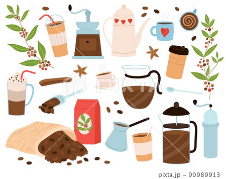 Cute coffee elements. Espresso, cappuccino stickers. Morning hot drinks, mugs and coffee maker. Black beans in bag, cafe bakery art objects decent vector set 90989913
