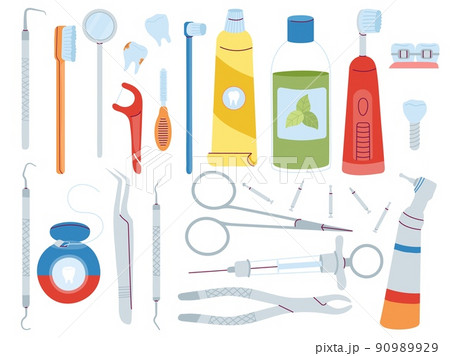 Stomatology tools. Dentist objects, toothbrush and dental surgery equipments. Oral orthodontic medicine instrument and floss. Decent medical vector set 90989929