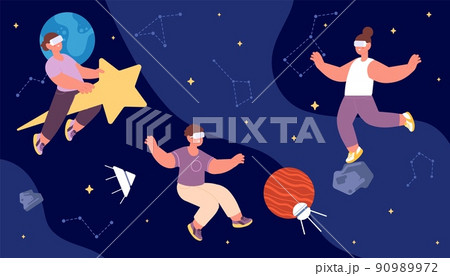 Kids playing in VR glasses, computer game or astrology lesson in artificial reality. Vector cartoon children flying in space, in Universe between stars and planets 90989972