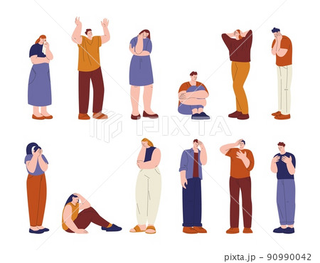 Sad crying people. Teenagers cry, flat depressed person and woman in melancholy. Mental problems, negative emotions and anxiety. Human grief, kicky vector character Sad crying people. Teenagers cry, flat depressed person and woman in melancholy. Mental problems, negative emotions and anxiety. Human grief, kicky vector character 90990042
