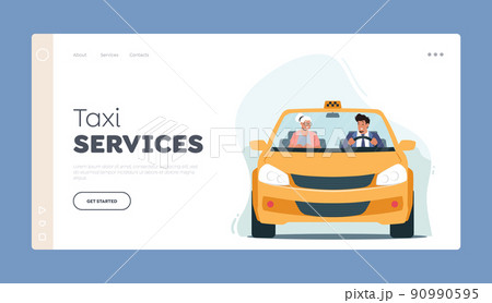 Taxi Services Landing Page Template. Old Lady Using Automobile. Taxi Driver and Elderly Woman Sit in Front Seat of Cab Taxi Services Landing Page Template. Old Lady Using Automobile. Taxi Driver and Elderly Woman Sit in Front Seat of Cab 90990595