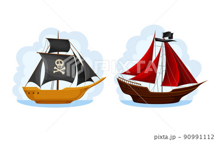 Ship with black and red sails set. Vintage sailing ships, black flags with skull bones cartoon vector illustration 90991112