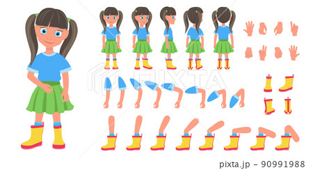 Flat Vector Illustration of Kid Girl Cartoon Character Set For Animation Flat Vector Illustration of Kid Girl Cartoon Character Set For Animation 90991988