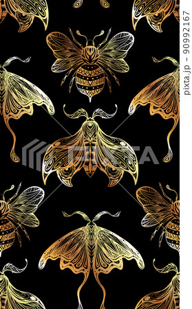 Seamless luxury pattern with drawing bee and moth with boho decoration. Vector texture with golden night butterfly and bumblebee Seamless luxury pattern with drawing bee and moth with boho decoration. Vector texture with golden night butterfly and bumblebee 90992167