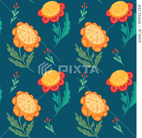 Vector seamless pattern with flowers with folk art on a blue background. Naive traditional floral texture. Natural background with poppy and berries Vector seamless pattern with flowers with folk art on a blue background. Naive traditional floral texture. Natural background with poppy and berries 90992168
