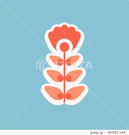 Vector illustration with a coral simple geometric flower on a stem with foliage on a blue background. Retro floral card Vector illustration with a coral simple geometric flower on a stem with foliage on a blue background. Retro floral card 90992169