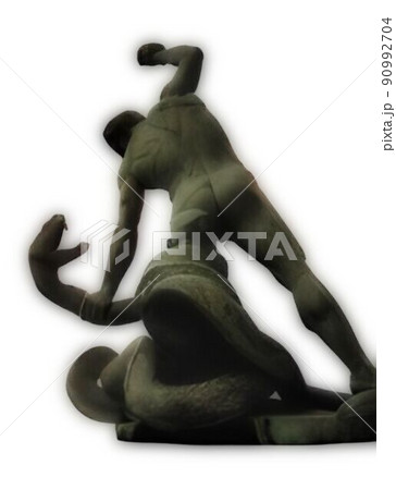 Illustration of a fight between a man and a snake. 90992704