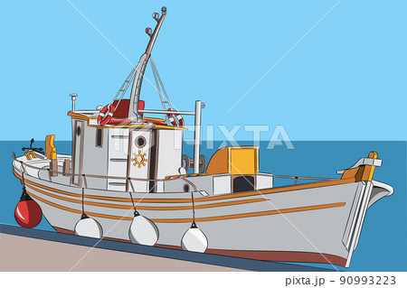 Large white fishing boat on the background of the sea isolated on a white background. Large white fishing boat on the background of the sea isolated on a white background. 90993223