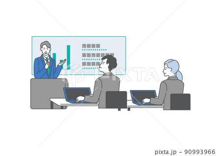 講義をするスーツ男性と講義を受ける男女の線画ベクターイラスト 90993966
