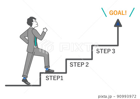 ステップアップをイメージしたビジネスマンの全身の線画ベクターイラスト ステップアップをイメージしたビジネスマンの全身の線画ベクターイラスト 90993972