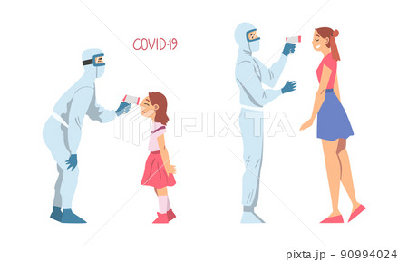 Doctor in Protective Suit Measuring Temperature of Little Girl and Female with Infrared Thermometer Vector Set 90994024