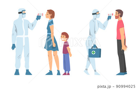 Doctor in Protective Suit Measuring Temperature of Male and Female with Infrared Thermometer Vector Set 90994025