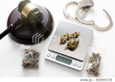 Drug package with hemp. Marijuana bags on scale Drug package with hemp. Marijuana bags on scale 90994579