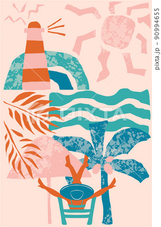 Abstract poster with a girl on the beach with palm trees, sea, lighthouse and birds. Summer chill. Summertime vacation card with female resting. Pinky flat vector illustration. Abstract poster with a girl on the beach with palm trees, sea, lighthouse and birds. Summer chill. Summertime vacation card with female resting. Pinky flat vector illustration. 90994655