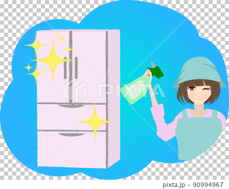 Illustration of a housewife cleaning the refrigerator 90994967
