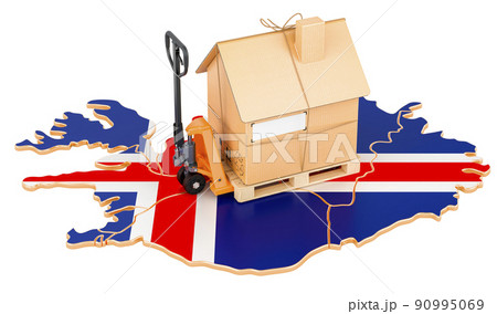 Residential moving service in Iceland, concept. Hydraulic hand pallet truck with cardboard house parcel on Icelandic map, 3D rendering 90995069