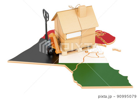 Residential moving service in Kuwait, concept. Hydraulic hand pallet truck with cardboard house parcel on Kuwaiti map, 3D rendering 90995079