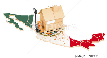 Residential moving service in Mexico, concept. Hydraulic hand pallet truck with cardboard house parcel on Mexican map, 3D rendering Residential moving service in Mexico, concept. Hydraulic hand pallet truck with cardboard house parcel on Mexican map, 3D rendering 90995086