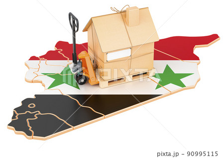 Residential moving service in Syria, concept. Hydraulic hand pallet truck with cardboard house parcel on Syrian map, 3D rendering 90995115