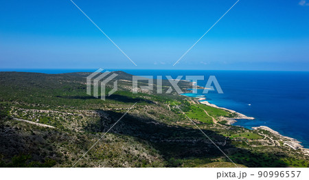 Green mountainous coast of the Mediterranean Sea on the Akamas Peninsula in the northwest of the island of Cyprus. 90996557