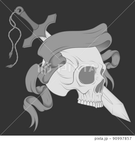Vector design of skull with sword and ribbon Vector design of skull with sword and ribbon 90997857