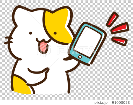 Deformed illustration of a cute cat showing a smartphone Deformed illustration of a cute cat showing a smartphone 91000038