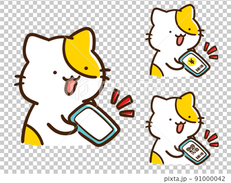 スマホの画面を提示するかわいいねこのデフォルメイラストセットの