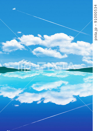 夏の海の水面に反射して映る雲と飛行機雲のイラスト素材