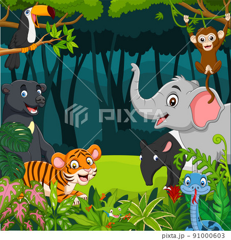Cartoon wild animals in the jungle - Stock Illustration [91000603] - PIXTA