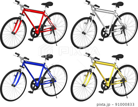 健康的な自転車生活、4色のマウンテンバイク。背景透明イラスト 91000833
