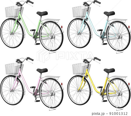買い物用自転車パステルカラー4色ママチャリ。背景透明イラスト 91001312