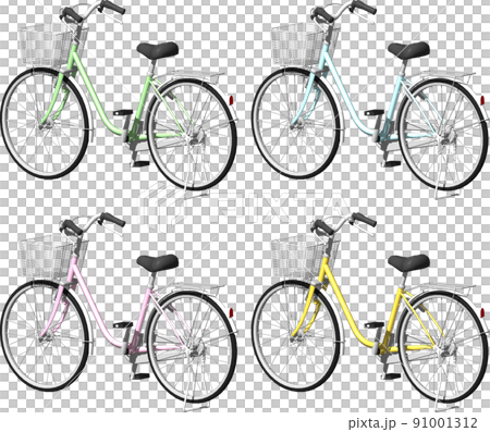 買い物用自転車パステルカラー4色ママチャリ。背景透明イラスト 91001312