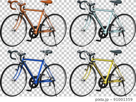 健康的な自転車生活、4色のロードバイク。背景透明イラスト 91001359
