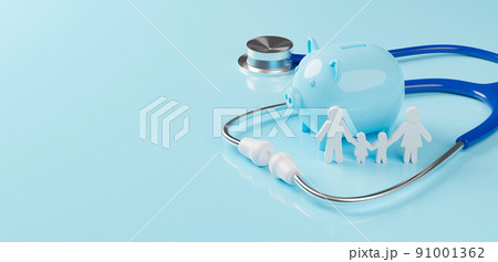 Top view of medical stethoscope with piggy bank and icon family on cyan background Top view of medical stethoscope with piggy bank and icon family on cyan background 91001362