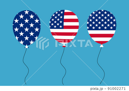 Flying balloon with American flag pattern in blue background. 91002271