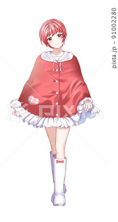 ポンチョを着た赤担当ショートカットの女の子のイラスト素材
