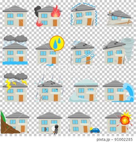 色々な被害　二階建ての家　火災保険　地震保険　セット　イラスト 91002285